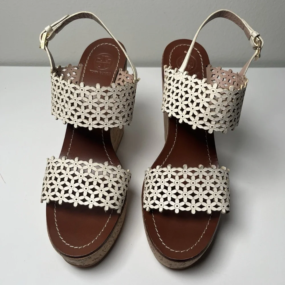 Tory Burch Wedge Sandals Womens 11M White Floral Laser Cut Cork Platform Summer